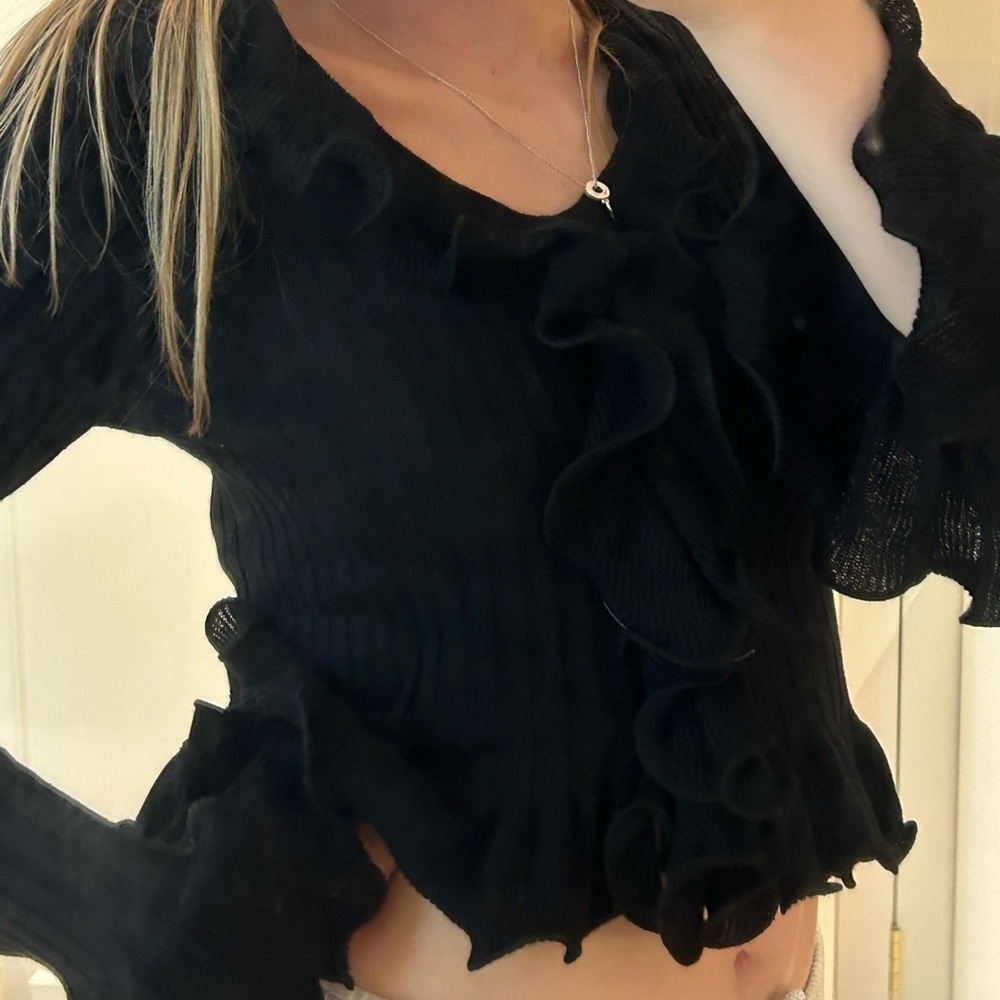 Simons Black Ruffle-Trim Ribbed Top - Picture 2 of 5